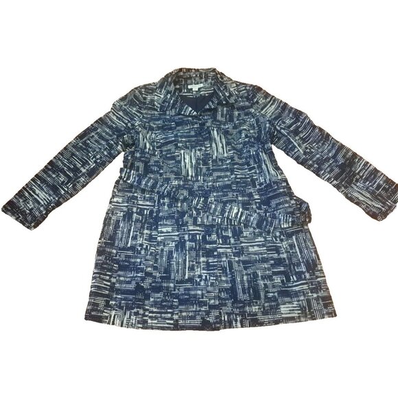 Womens Coldwater Creek Rain Jacket Trench Coat Navy Blue Geometric Pockets Large - Picture 1 of 6